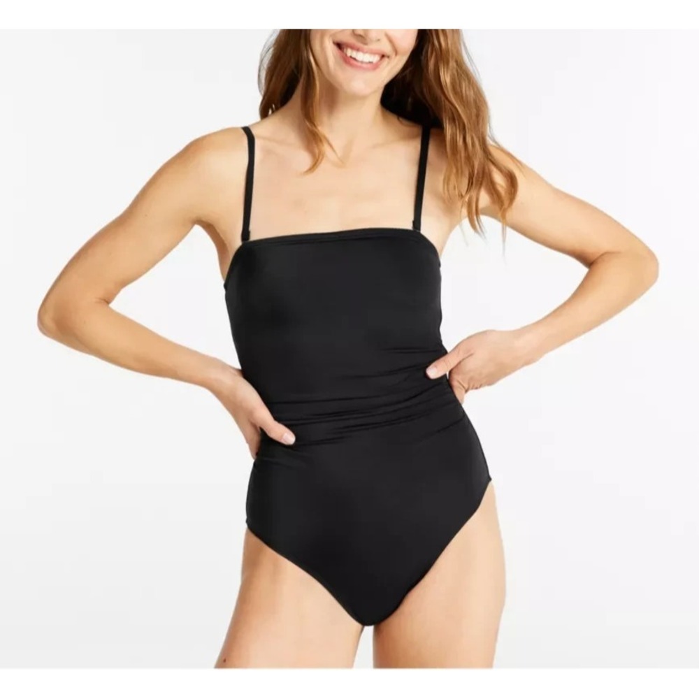 NWT LL Bean Coastal Essentials Bandeau Tanksuit Black One Piece Swimsuit Size 16